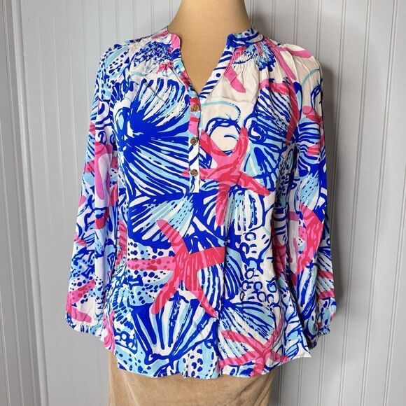 Lilly Pulitzer Sz XS 100% Silk Elsa Top Resort She Shells Top Starfish Blouse - Picture 3 of 14